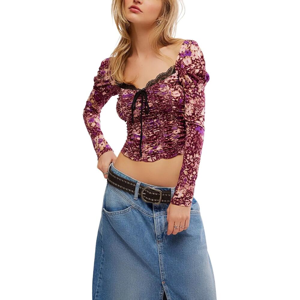 NWT Free People Layer It On Me Top Ruched Velvet Lace Sz M Floral Long Sleeve